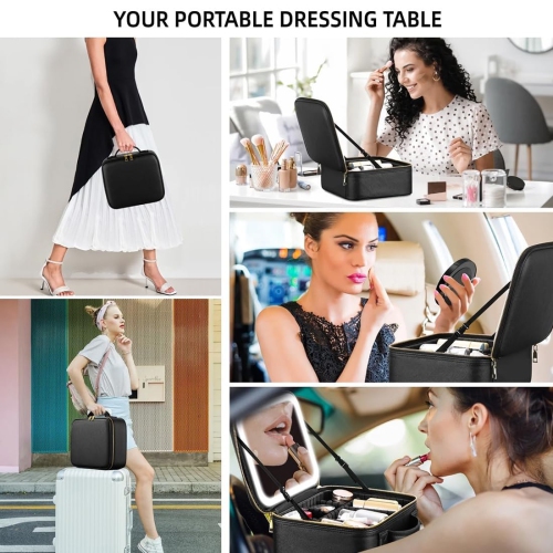 Makeup Bag with LED Mirror, Travel Makeup Case for Women and Makeup Artists Cosmetic Organizer -Black