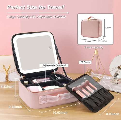 Makeup Bag with LED Mirror, Travel Makeup Case for Women and Makeup Artists Cosmetic Organizer -Pink