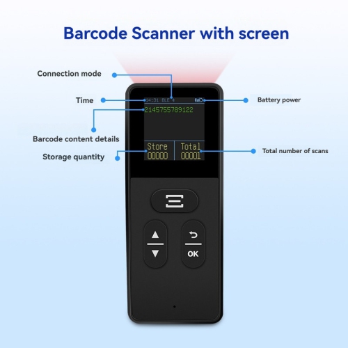 Portable Bluetooth barcode scanner, LED screen display scanning, supports connection to mobile phones/tablets/computers and other devices - can scan