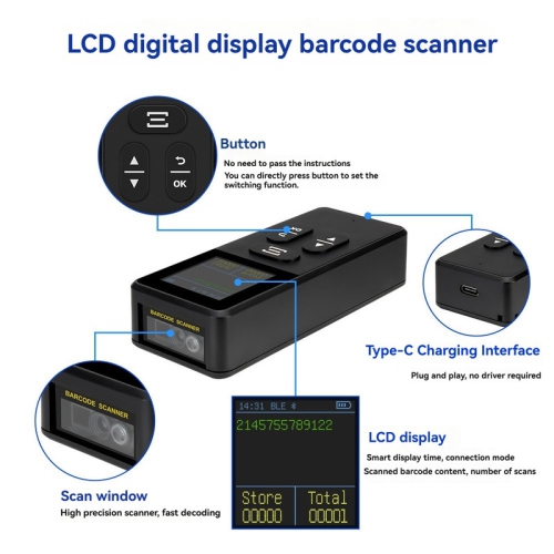 Portable Bluetooth barcode scanner, LED screen display scanning, supports connection to mobile phones/tablets/computers and other devices - can scan