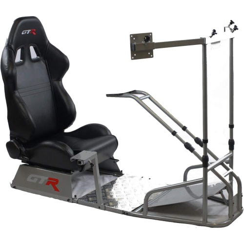 GTR Simulator GTSF Model - Silver w/Large Triple Monitor TV Stand and Black Racing Seat