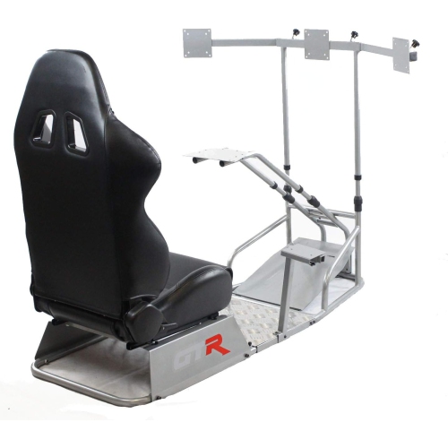 GTR Simulator GTSF Model - Silver w/Large Triple Monitor TV Stand and Black Racing Seat