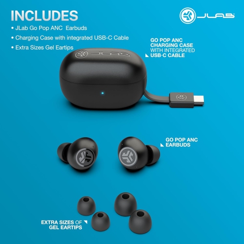 JLab Go Pop ANC True Wireless Earbuds & Charging Case, Black, Active Noise Cancelling, 10mm Drivers, Dual Connect, Customize Your Sound with App,