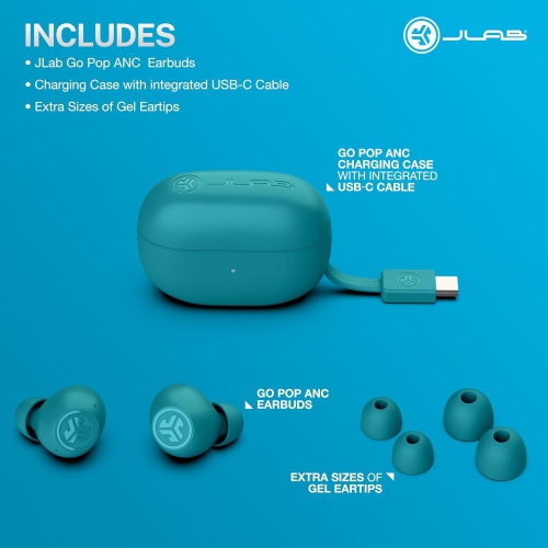 JLab Go Pop ANC True Wireless Earbuds & Charging Case, Teal, Active Noise Cancelling, 10mm Drivers, Dual Connect, Customize Your Sound with App, Be...