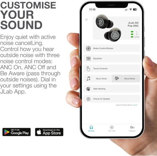 JLab Go Pop ANC True Wireless Earbuds & Charging Case, Transparent Neon Green, Active Noise Cancelling, 10mm Drivers, Dual Connect, Customize Your