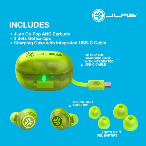 JLab Go Pop ANC True Wireless Earbuds & Charging Case, Transparent Neon Green, Active Noise Cancelling, 10mm Drivers, Dual Connect, Customize Your