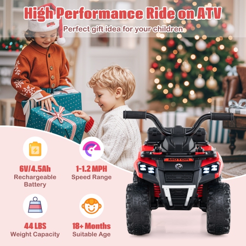 Costway 6V Toddler Ride On Electric Car ATV with Lights & Music & USB Port Storage Box Toy Car Red/Blue/Khaki/Green/Pink