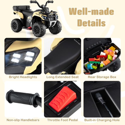 VTT électrique avec lumières et musique pour tout-petits 6&nbsp;V de Costway et boîte de rangement à port USB jouet voiture rouge/bleu/kaki/vert/rose