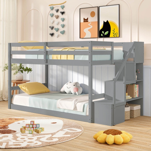 Costway Twin Over Twin Low Bunk Bed Solid Wood Floor Bunk Bed Frame with Storage Stairs White/Gray