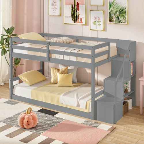 Costway Twin Over Twin Low Bunk Bed Solid Wood Floor Bunk Bed Frame with Storage Stairs White/Gray