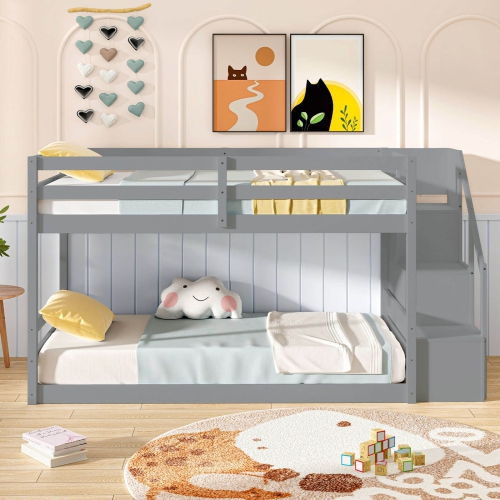 Costway Twin Over Twin Low Bunk Bed Solid Wood Floor Bunk Bed Frame with Storage Stairs White/Gray