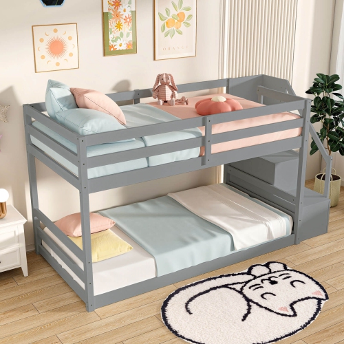 Costway Twin Over Twin Low Bunk Bed Solid Wood Floor Bunk Bed Frame with Storage Stairs White/Gray