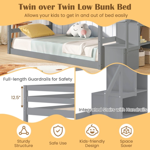 Costway Twin Over Twin Low Bunk Bed Solid Wood Floor Bunk Bed Frame with Storage Stairs White/Gray