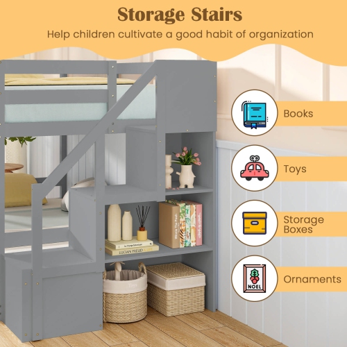 Costway Twin Over Twin Low Bunk Bed Solid Wood Floor Bunk Bed Frame with Storage Stairs White/Gray