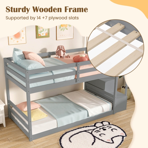 Costway Twin Over Twin Low Bunk Bed Solid Wood Floor Bunk Bed Frame with Storage Stairs White/Gray