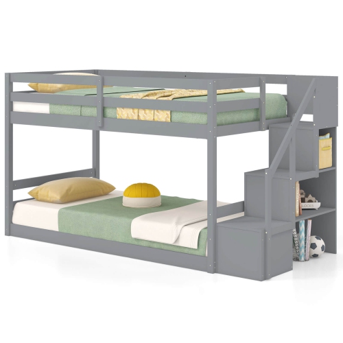 Costway Twin Over Twin Low Bunk Bed Solid Wood Floor Bunk Bed Frame with Storage Stairs White/Gray