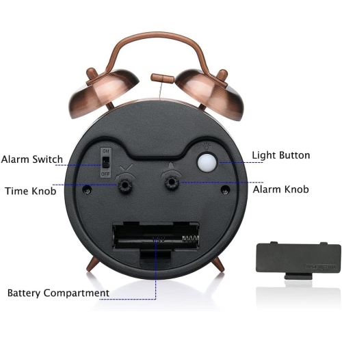 Loud Alarm Clock for Heavy Sleepers Adults, Metal 4 Inches Twin Bell Battery Operated Alarm Clocks for Bedrooms Decoration, Silent Non-Ticking