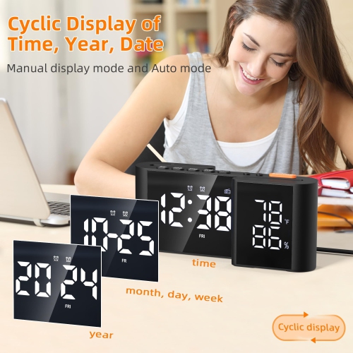 Alarm Clock for Heavy Sleepers Adults, Digital Alarm Clock Radio for Bedroom, with Modern Dual LED Display, Calendar Bedside Alarm Clock