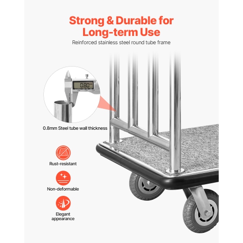 VEVOR 750 LBS Load Capacity Hotel Luggage Cart, Deluxe Platform Truck with Removable Front Frame, Valet Cart with Grey Carpeted Deck and 6-inch