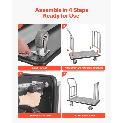 VEVOR 750 LBS Load Capacity Hotel Luggage Cart, Deluxe Platform Truck with Removable Front Frame, Valet Cart with Grey Carpeted Deck and 6-inch