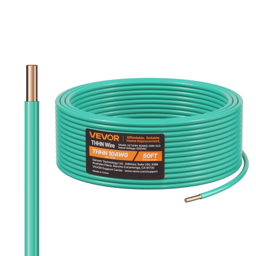 VEVOR 50Feet 10 AWG Solid THHN Wire,100% OFC Copper Electrical Building Wire with Nylon Jacket PVC Insulation,Rated for Up to 600 Volts,Heavy-Duty