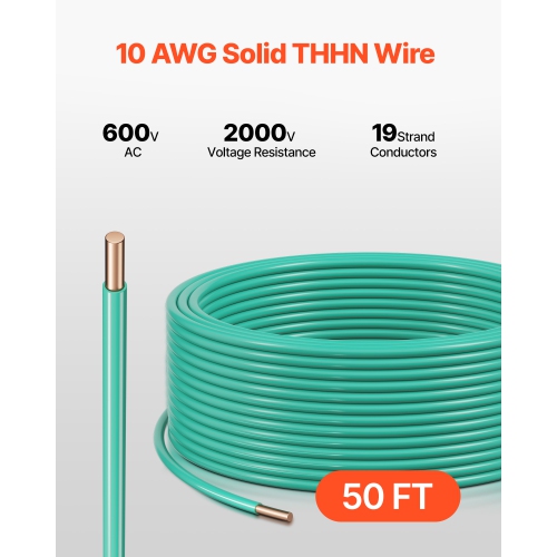 VEVOR 50Feet 10 AWG Solid THHN Wire,100% OFC Copper Electrical Building Wire with Nylon Jacket PVC Insulation,Rated for Up to 600 Volts,Heavy-Duty