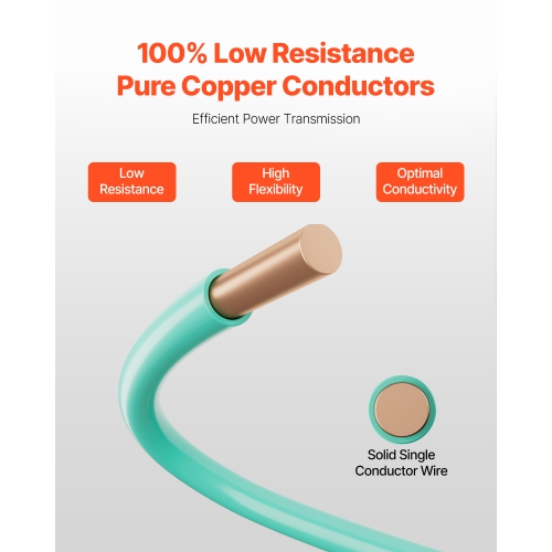 VEVOR 50Feet 10 AWG Solid THHN Wire,100% OFC Copper Electrical Building Wire with Nylon Jacket PVC Insulation,Rated for Up to 600 Volts,Heavy-Duty