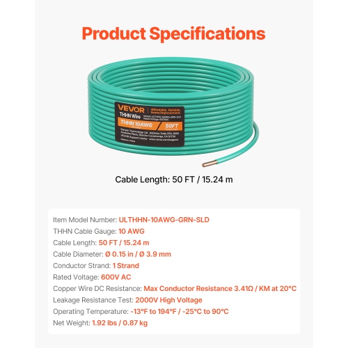 VEVOR 50Feet 10 AWG Solid THHN Wire,100% OFC Copper Electrical Building Wire with Nylon Jacket PVC Insulation,Rated for Up to 600 Volts,Heavy-Duty
