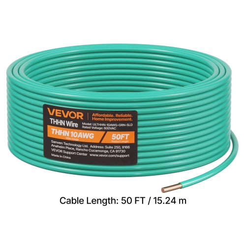 VEVOR 50Feet 10 AWG Solid THHN Wire,100% OFC Copper Electrical Building Wire with Nylon Jacket PVC Insulation,Rated for Up to 600 Volts,Heavy-Duty