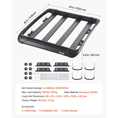 VEVOR 48 x 40 x 5.6 in Roof Rack Cargo Carrier, Universal Rooftop Cargo Basket,Car Top Luggage Holder with 150 lbs Max Load Capacity,4.1 in