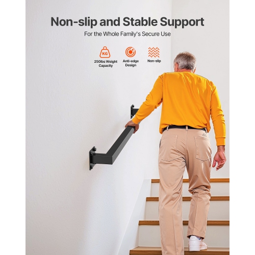 VEVOR 3ft Wall Mounted Stair Handrail,Black Iron Staircase Handrail Indoor, 250lbs Load Capacity, Industrial Railing Hand Rail for Steps, Square Tube