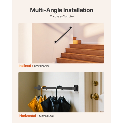 VEVOR 3ft Wall Mounted Stair Handrail,Black Iron Staircase Handrail Indoor, 250lbs Load Capacity, Industrial Railing Hand Rail for Steps, Square Tube