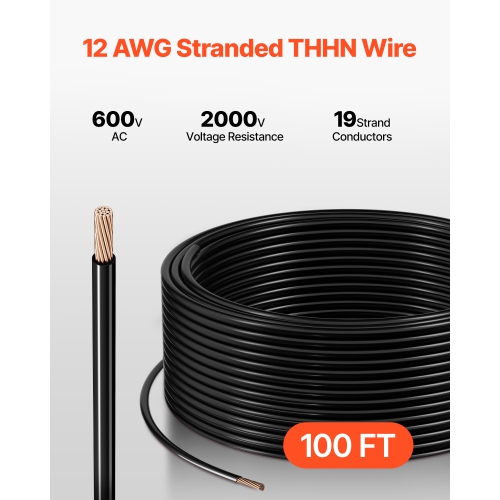 VEVOR 100 ft 12 AWG THHN Wire, 19-Stranded, 100% OFC Copper Electrical Building Wire with Nylon Jacket, Rated for Up to 600 Volts,for Indoor Outdoor