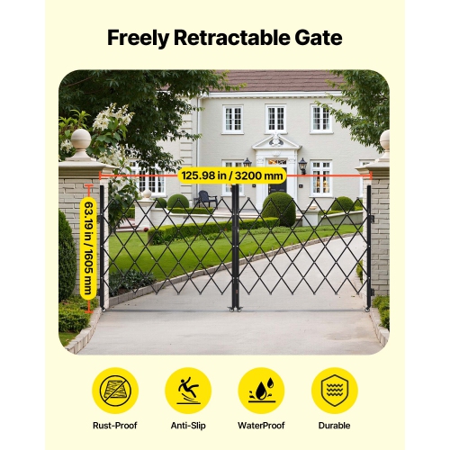 VEVOR 125.98 x 63.19 in Double Folding Security Gate, Lockable Scissor Gate with 360° Swivel Casters, Outdoor Barricade Steel Retractable Gates, for