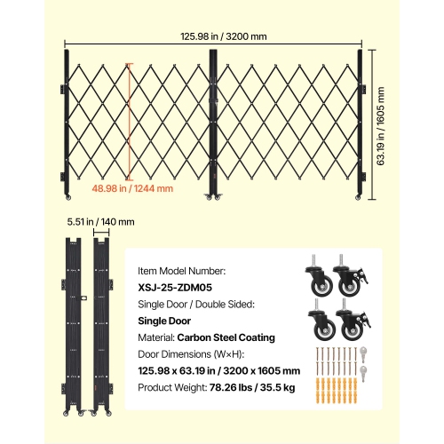 VEVOR 125.98 x 63.19 in Double Folding Security Gate, Lockable Scissor Gate with 360° Swivel Casters, Outdoor Barricade Steel Retractable Gates, for