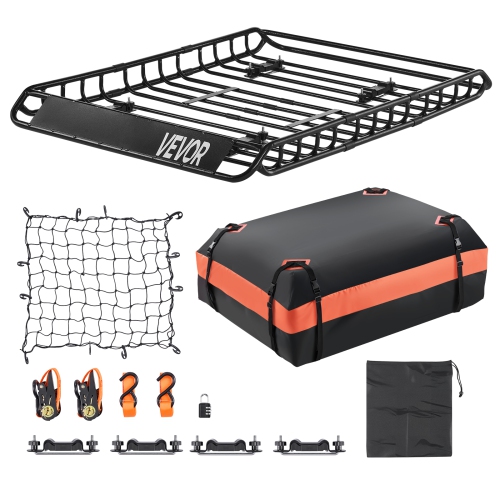 VEVOR 51 x 36 x 4.1 in Roof Rack Basket, Universal Rooftop Cargo Carrier with 1120 x 870 x 260 mm Cargo Bag, Net, Ratchet Straps, 200 lbs Max Load