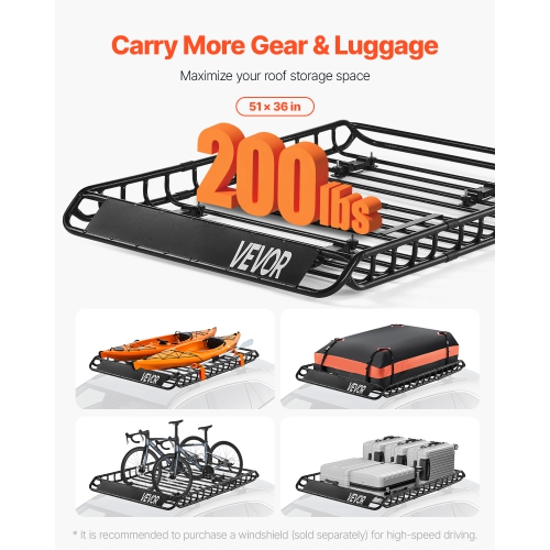 VEVOR 51 x 36 x 4.1 in Roof Rack Basket, Universal Rooftop Cargo Carrier with 1120 x 870 x 260 mm Cargo Bag, Net, Ratchet Straps, 200 lbs Max Load