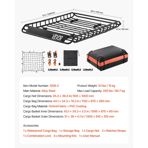 VEVOR 51 x 36 x 4.1 in Roof Rack Basket, Universal Rooftop Cargo Carrier with 1120 x 870 x 260 mm Cargo Bag, Net, Ratchet Straps, 200 lbs Max Load