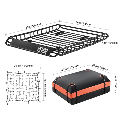 VEVOR 51 x 36 x 4.1 in Roof Rack Basket, Universal Rooftop Cargo Carrier with 1120 x 870 x 260 mm Cargo Bag, Net, Ratchet Straps, 200 lbs Max Load
