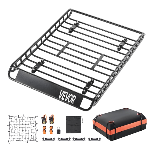 VEVOR 51 x 36 x 4.1 in Roof Rack Basket, Universal Rooftop Cargo Carrier with 1120 x 870 x 260 mm Cargo Bag, Net, Ratchet Straps, 200 lbs Max Load