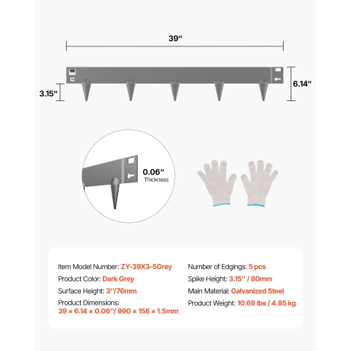 VEVOR 39x3 in Steel Landscape Edging,5 Packs Rust-Resistant Metal Landscape Edging, Bendable Garden Edging Border,Heavy Duty Lawn Edging, Flower Bed