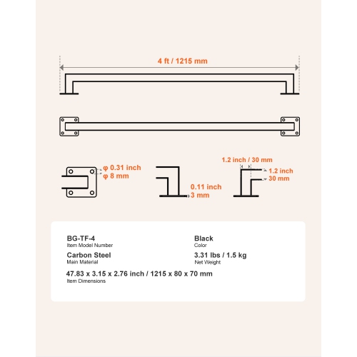 VEVOR 4ft Wall Mounted Stair Handrail, Black Iron Staircase Handrail Indoor, 250lbs Load Capacity, Industrial Railing Hand Rail for Steps,Square Tube