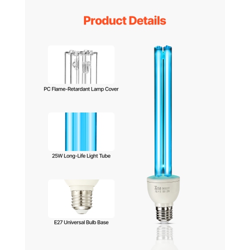 VEVOR 2 Pack UV Light Bulb, 25W Replacement Ultraviolet UVC Lamp with Ozone, 253.7 nm + 185 nm Wavelength UVO Light Bulb, E27 Universal, for 400 sqft