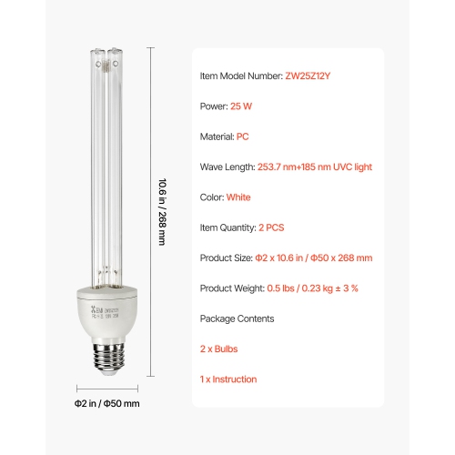 VEVOR 2 Pack UV Light Bulb, 25W Replacement Ultraviolet UVC Lamp with Ozone, 253.7 nm + 185 nm Wavelength UVO Light Bulb, E27 Universal, for 400 sqft