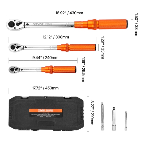 Jeu de 3 clés dynamiques à clic VEVOR, 1/4, 3/8, 1/2, 10 170 lbf-ft, 5-45 lbf-pi, 20-240 lbf-In, Balance bidirectionnelle et double