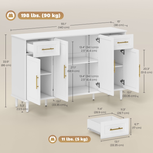 HOMCOM Sideboard Buffet Cabinet with Soft-Close Doors, 55" Modern Coffee Bar Cabinet with 2 Drawers, 3 Adjustable Shelves and 4 Doors, Kitchen