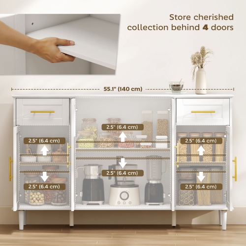 HOMCOM Sideboard Buffet Cabinet with Soft-Close Doors, 55" Modern Coffee Bar Cabinet with 2 Drawers, 3 Adjustable Shelves and 4 Doors, Kitchen