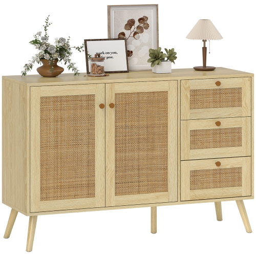 HOMCOM Rattan Sideboard Buffet Cabinet with Soft-Close Doors, 47" Boho Coffee Bar Cabinet with 3 Drawers and Adjustable Shelf, Kitchen Credenza with