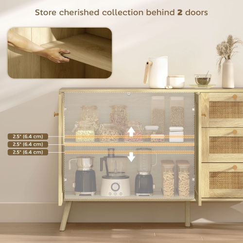 HOMCOM Rattan Sideboard Buffet Cabinet with Soft-Close Doors, 47" Boho Coffee Bar Cabinet with 3 Drawers and Adjustable Shelf, Kitchen Credenza with
