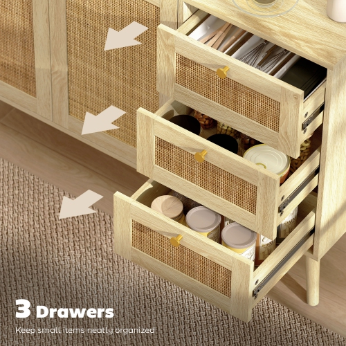 HOMCOM Rattan Sideboard Buffet Cabinet with Soft-Close Doors, 47" Boho Coffee Bar Cabinet with 3 Drawers and Adjustable Shelf, Kitchen Credenza with